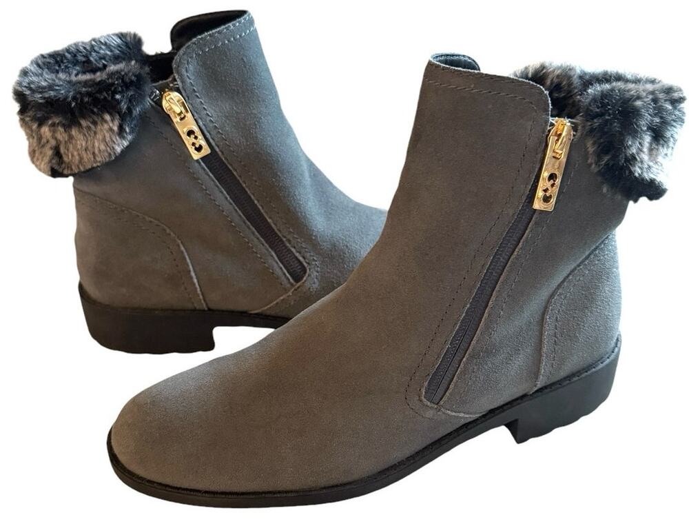 Cole Haan Gray Suede Ankle Booties Women’s Faux Fur Cuff Side Zip Winter Boots 9